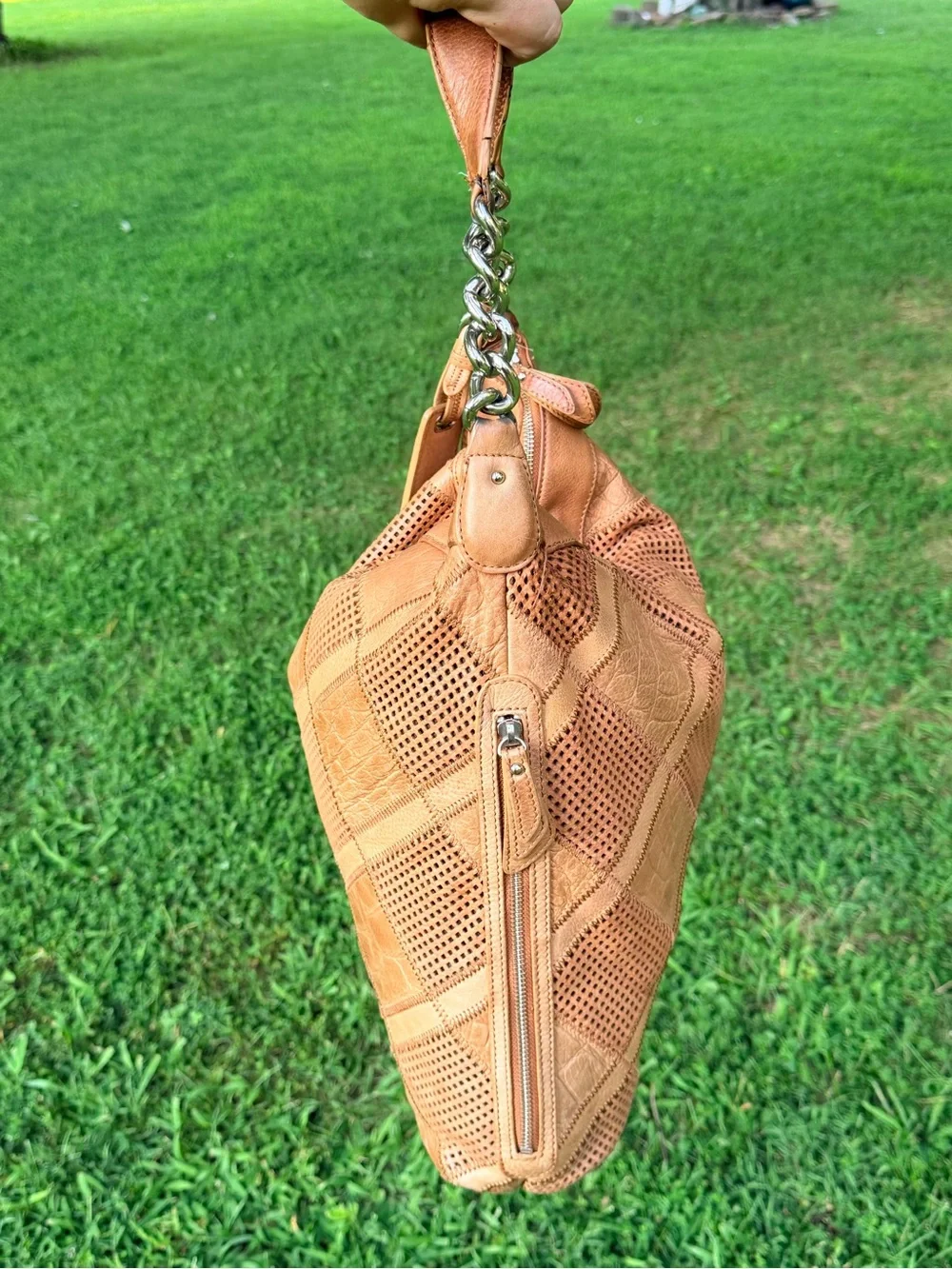 b. makowsky Tan Patchwork Leather Hobo with Chain Accent